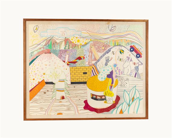 A whimsical, hand-drawn illustration of a surreal landscape filled with colorful geometric shapes and playful details.
