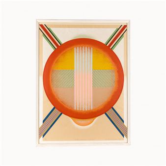 A geometric abstract composition featuring a central orange circle with internal patterns and crossed striped lines.