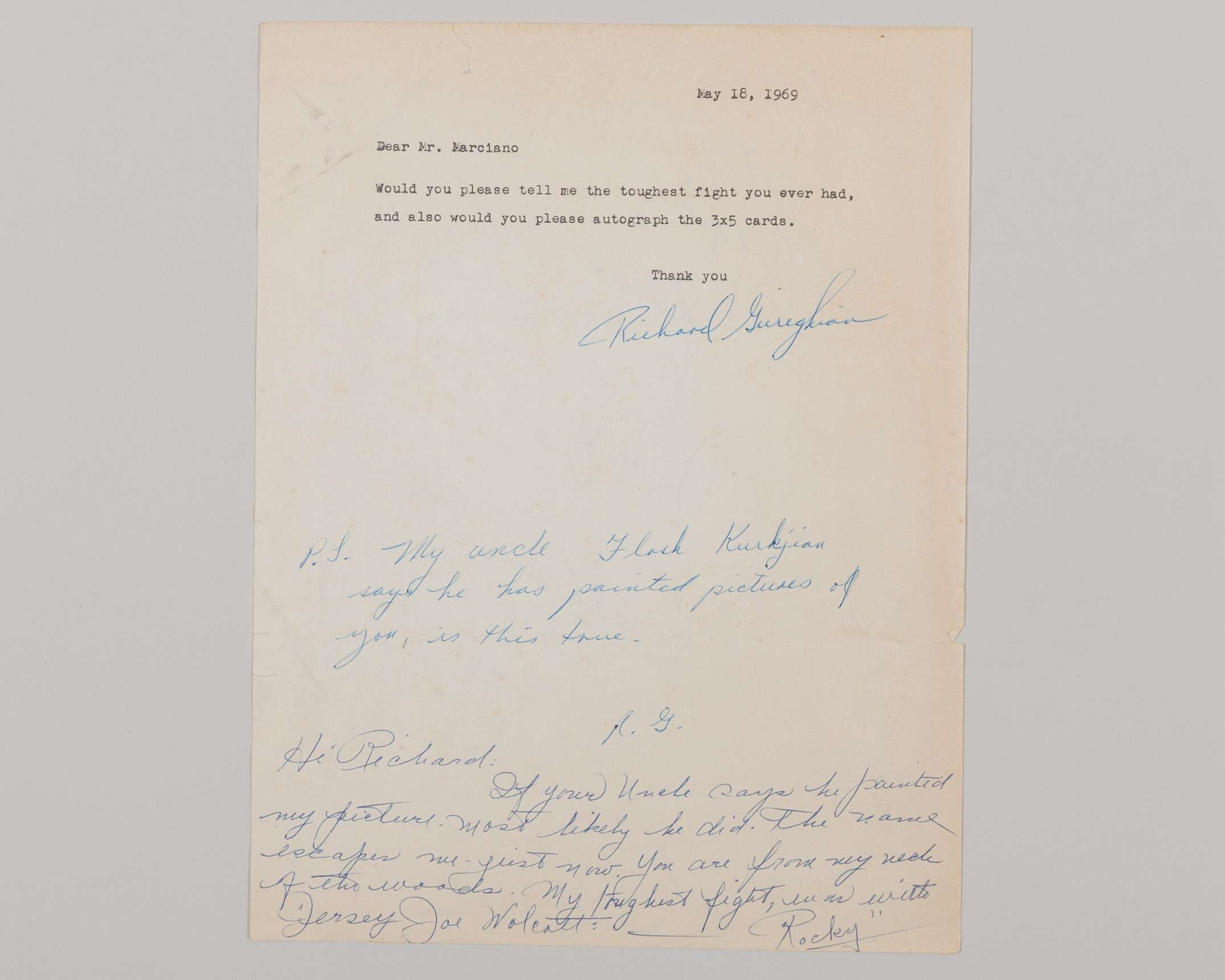 Rocky Marciano | handwritten response to fan letter (1969) | MutualArt