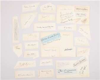 A collection of scattered, irregularly shaped cards featuring handwritten signatures.