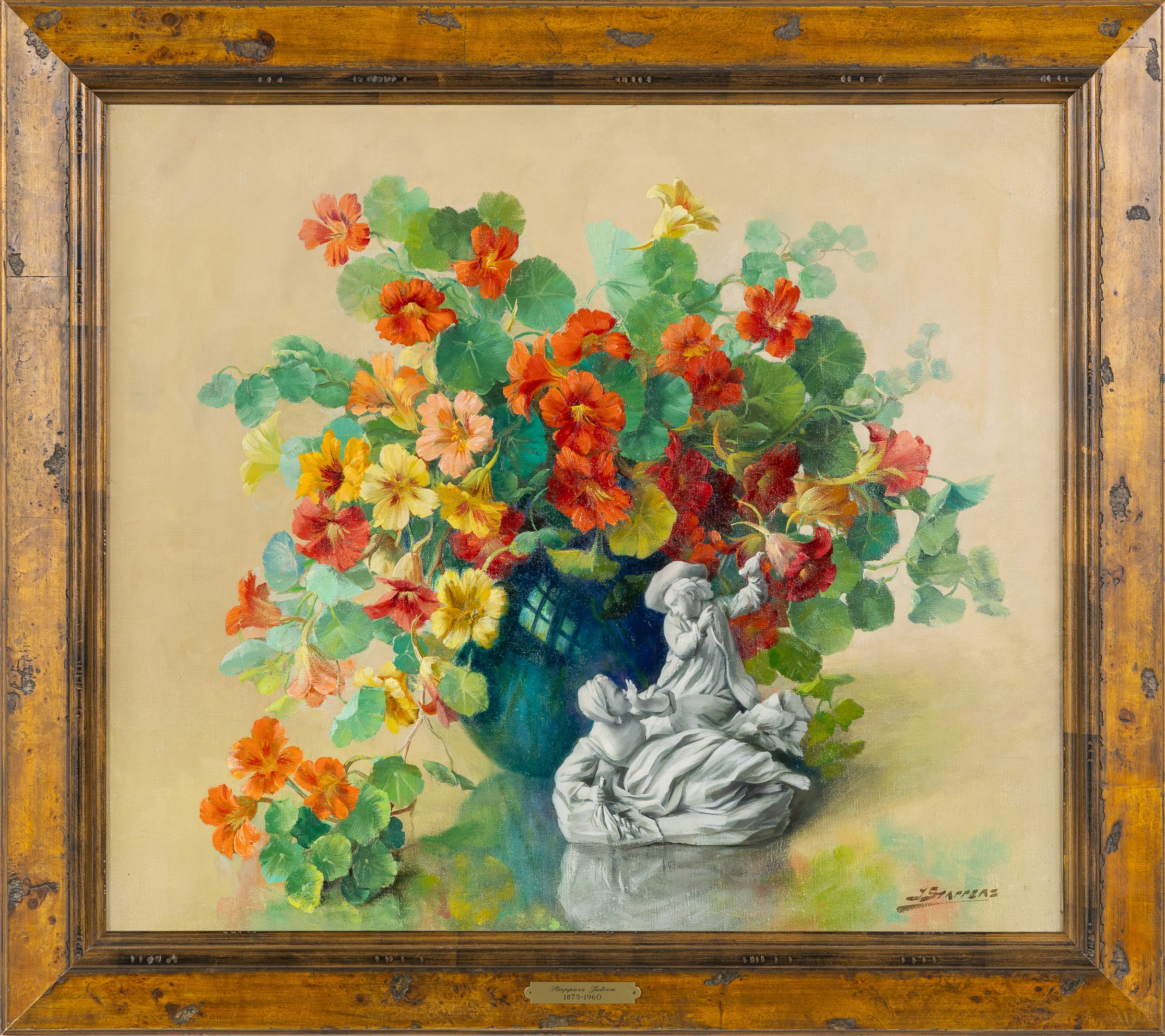 Artwork by Julien Stappers, Still Life with Indian Cress and Porcelain, Made of Oil On Canvas