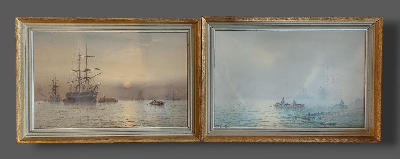 George Stanfield Walters | harbour scene with boats and a misty ...