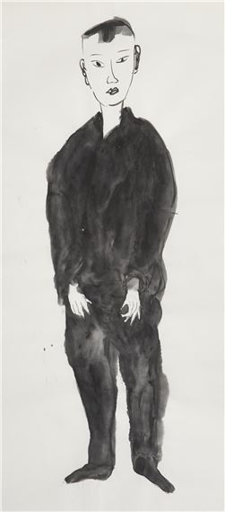 A black and white drawing of a man in a black shirt.