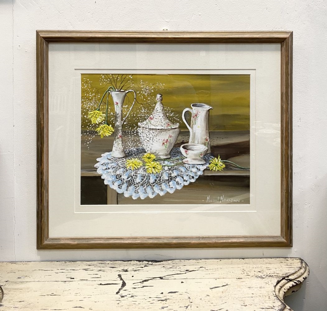 Artwork by Michael Monaghan, DELPH & FLOWERS ON LACE, Made of Oil On Board