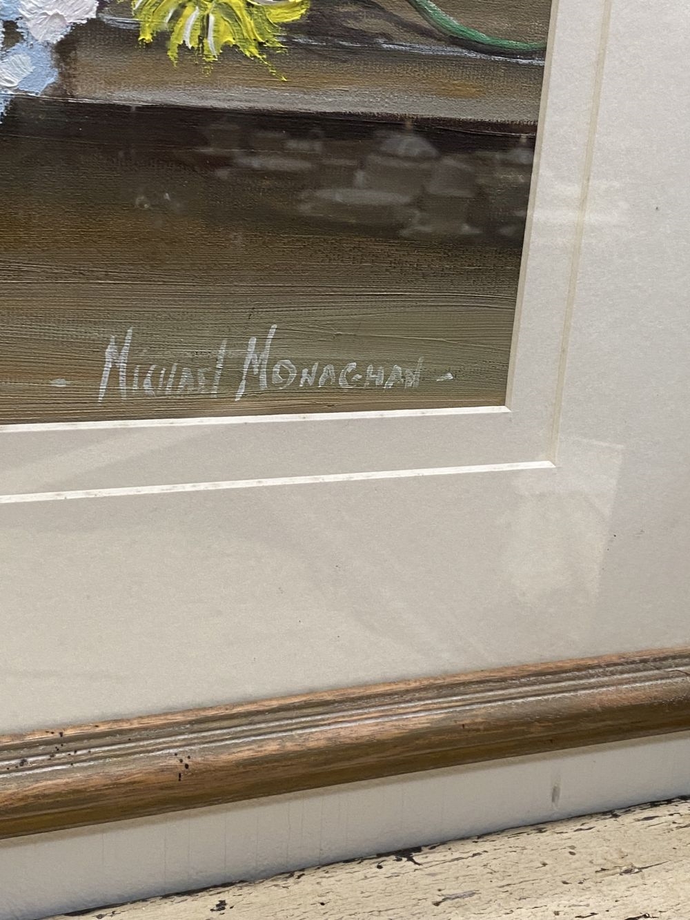 Artwork by Michael Monaghan, DELPH & FLOWERS ON LACE, Made of Oil On Board