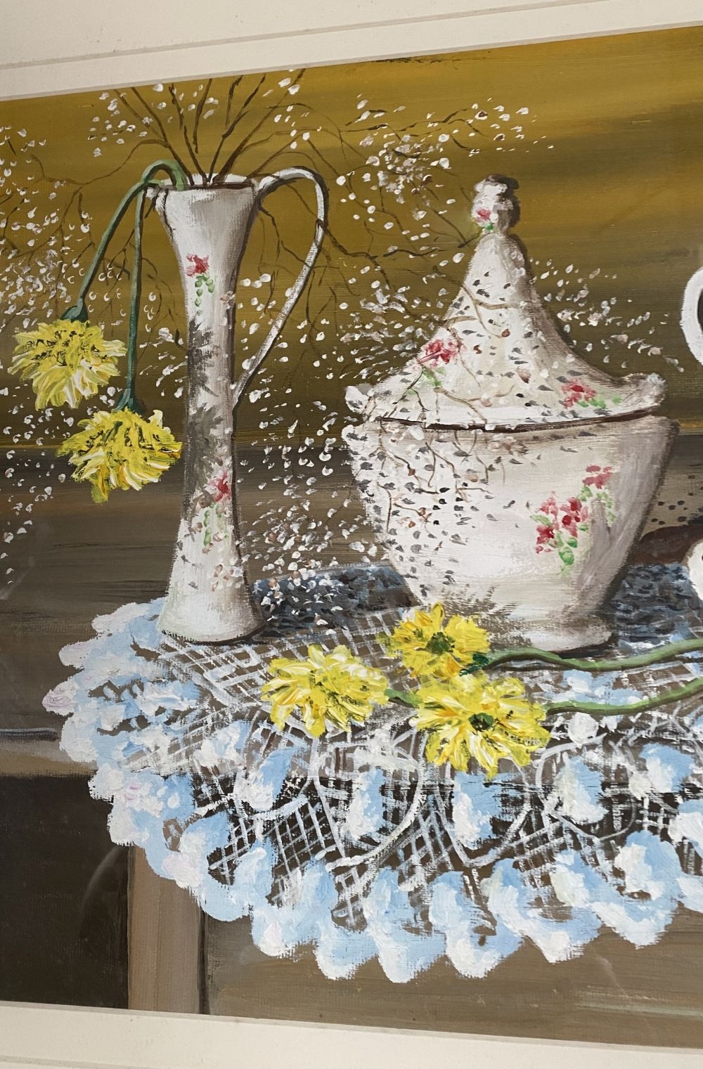 Artwork by Michael Monaghan, DELPH & FLOWERS ON LACE, Made of Oil On Board