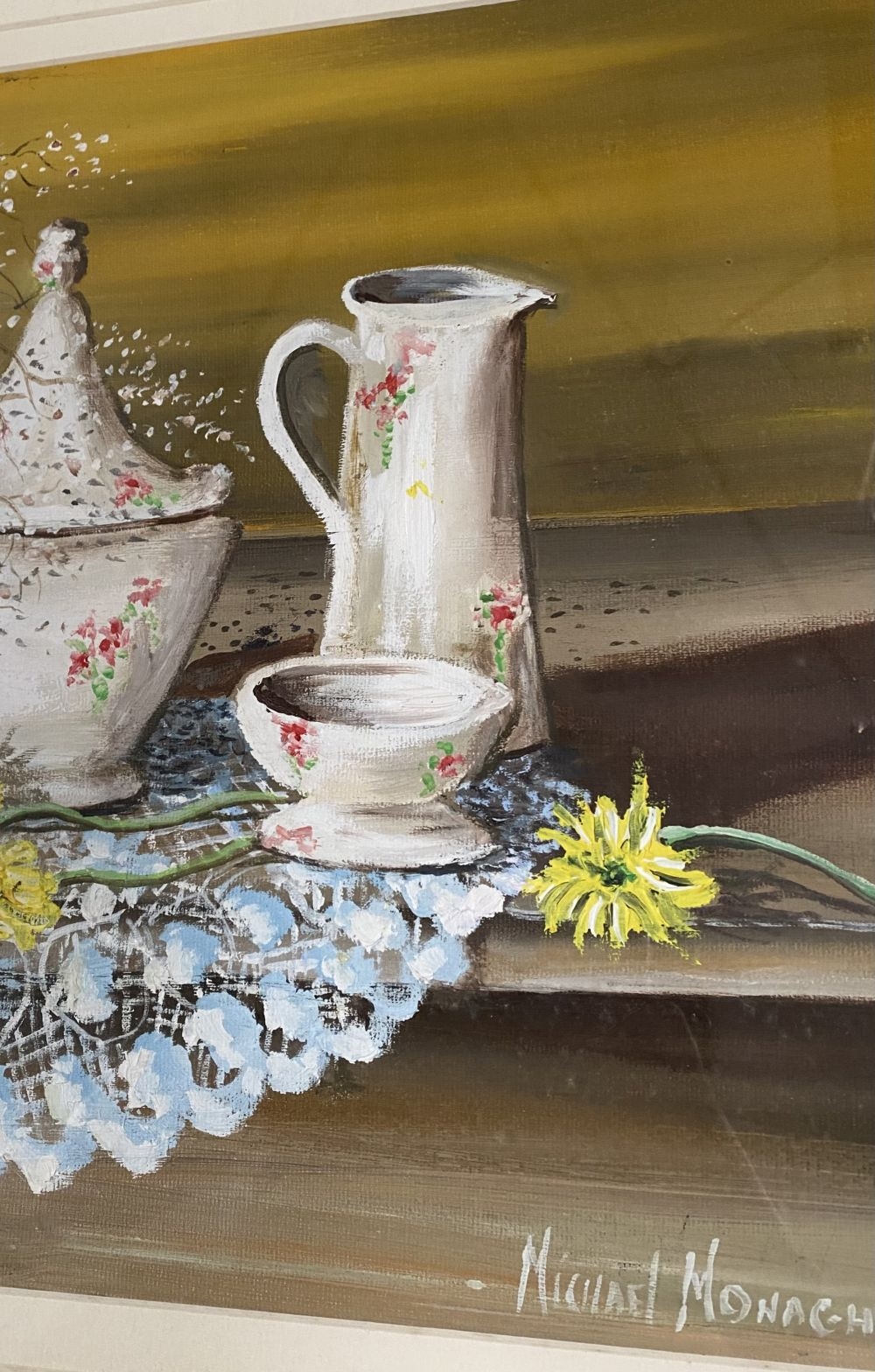 Artwork by Michael Monaghan, DELPH & FLOWERS ON LACE, Made of Oil On Board