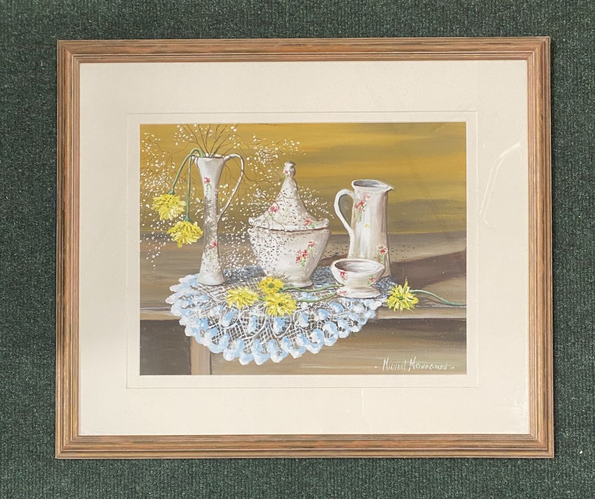 Artwork by Michael Monaghan, DELPH & FLOWERS ON LACE, Made of Oil On Board