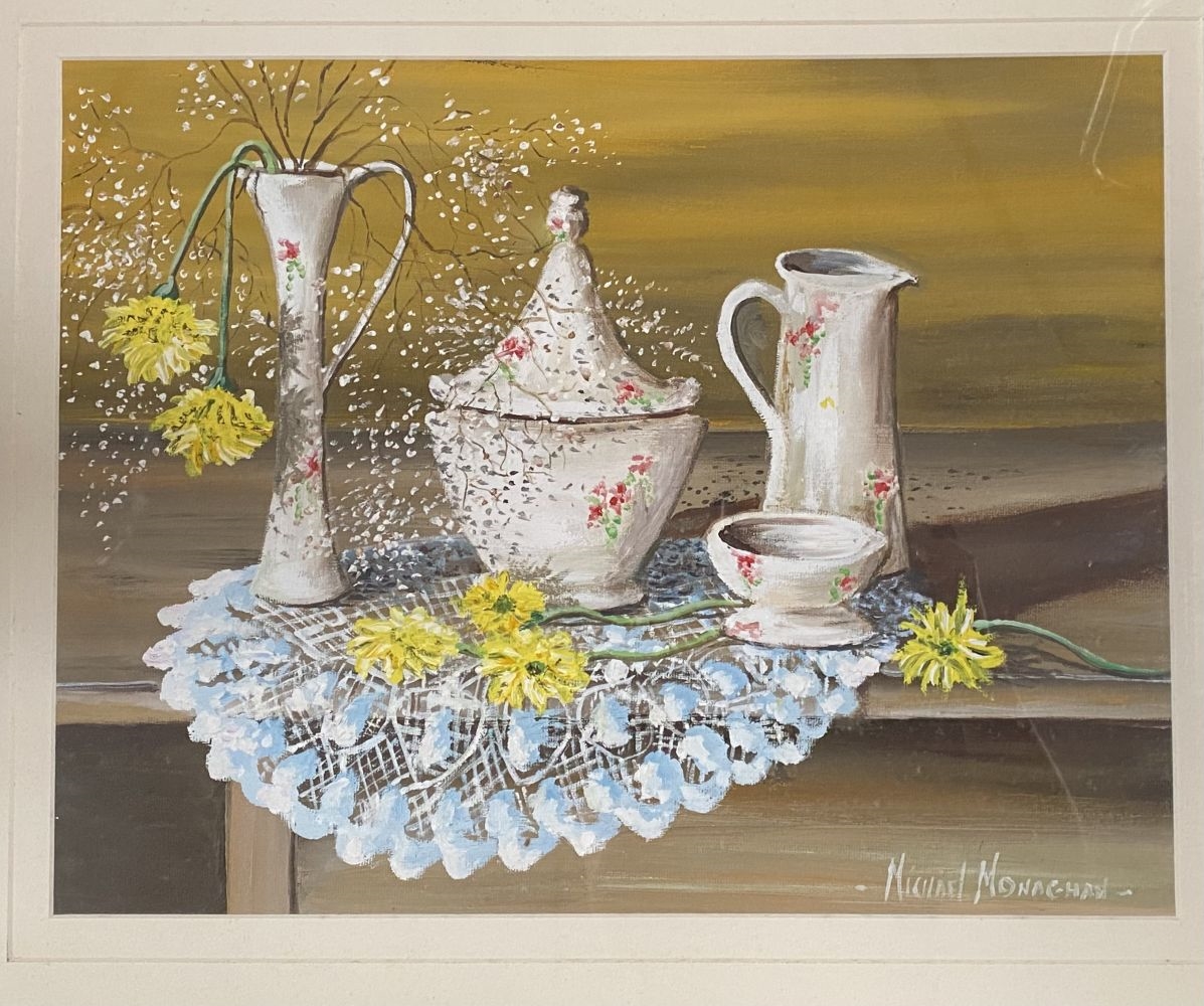 Artwork by Michael Monaghan, DELPH & FLOWERS ON LACE, Made of Oil On Board