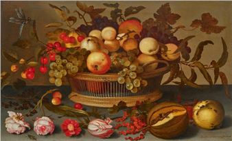 Still life with grapes, cherries, apricots and apples in a fruit basket alongside roses, tulips, currants and melon on a table top - Balthasar van der Ast