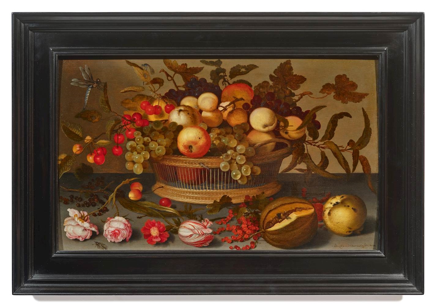 Artwork by Balthasar van der Ast, Still life with grapes, cherries, apricots and apples in a fruit basket alongside roses, tulips, currants and melon on a table top, Made of Oil On Panel