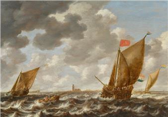 Ships on a stormy sea with a view of Dunkirk in the background - Bonaventura Peeters I