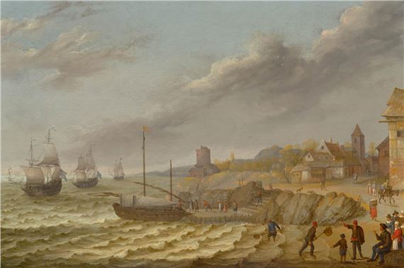 Coastal landscape with a bustling village by Abraham Willaerts, 1643