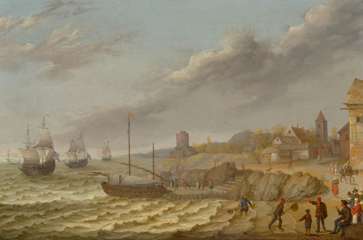 Artwork by Abraham Willaerts, Coastal landscape with a bustling village, Made of Oil On Panel