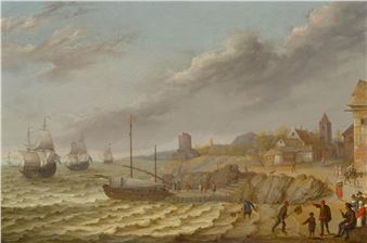 Coastal landscape with a bustling village - Abraham Willaerts