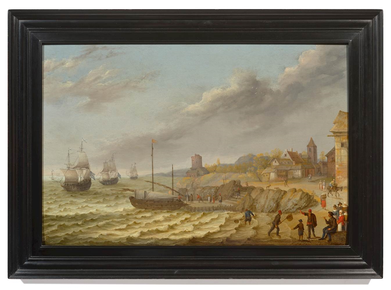 Artwork by Abraham Willaerts, Coastal landscape with a bustling village, Made of Oil On Panel