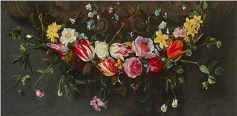 Garland of flowers with roses, tulips and narcissi - Daniel Seghers