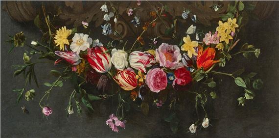 Garland of flowers with roses, tulips and narcissi - Daniel Seghers