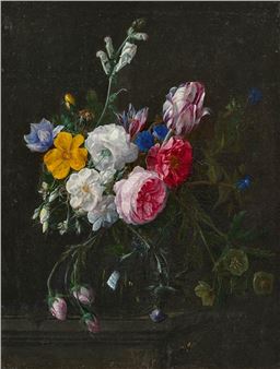 Still life of flowers with roses, tulips and a large snapdragon in a glass vase - Nicolaes van Veerendael