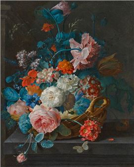 Flowers in a wicker basket on a stone slab - Coenraet Conrad Roepel