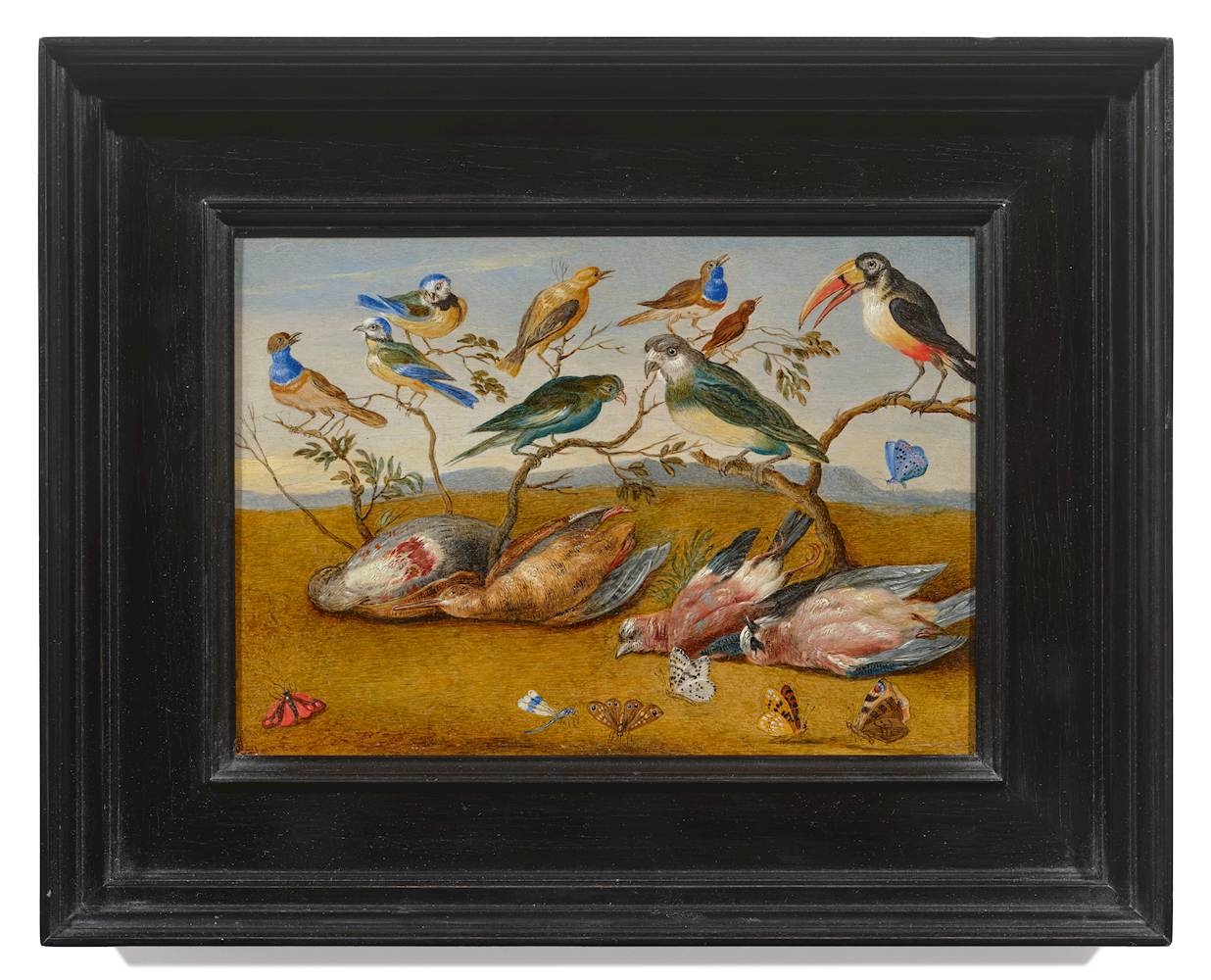 Artwork by Jan van Kessel I, Still life with birds and butterflies in a landscape, Made of Oil On Canvas