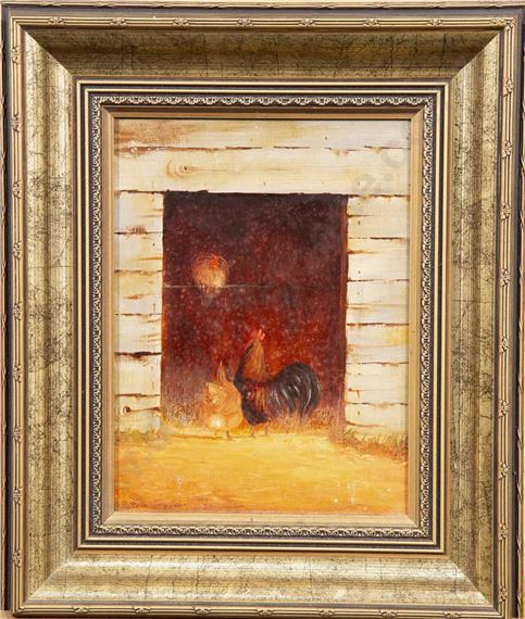 A rustic scene of farm animals at a barn door.
