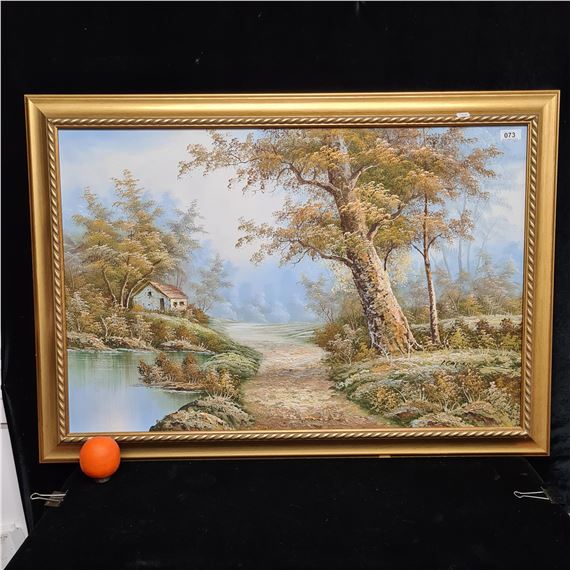 a serene landscape with calm waters, cottage and lush trees - Irene Cafieri