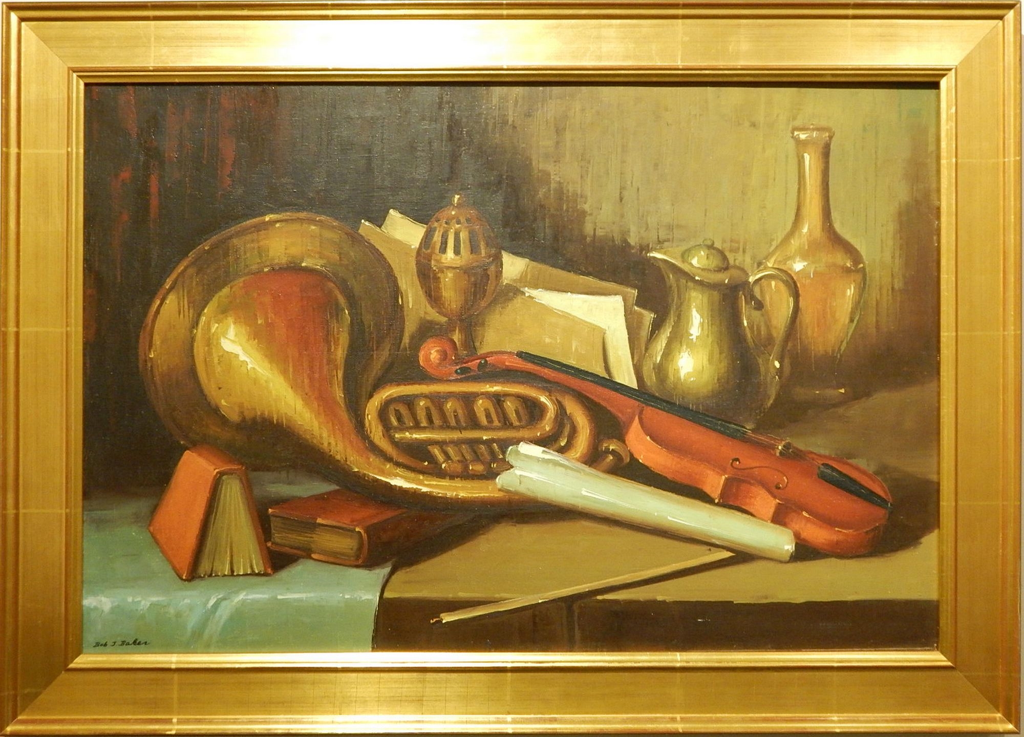 Artwork by Bob J. Baker, Still Life With French Horn, Made of Oil on canvas
