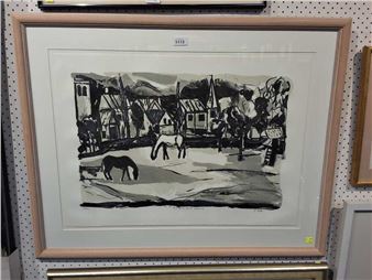 A monochromatic print depicting a rural scene with figures and animals against a backdrop of buildings.