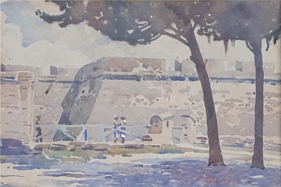 A watercolor landscape of a stone fortress under a tree.