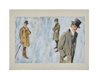 A watercolor study of three men in top hats and coats standing against a blue, rainy background.