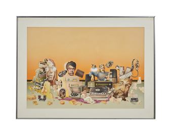 A surreal collage of faces and objects on a desk against an orange background.