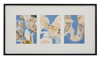 A triptych of stylized clouds with a small golden figure floating among them.