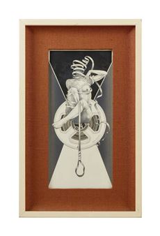 A framed artwork featuring a stylized, mechanical figure suspended within a geometric frame.