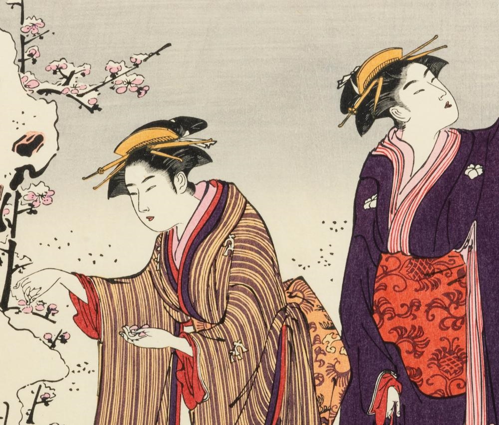 Artwork by Torii Kiyonaga, Morning Scene After Snow, Made of Woodblock Nishiki-E, Ukiyo-E Diptych On Paper