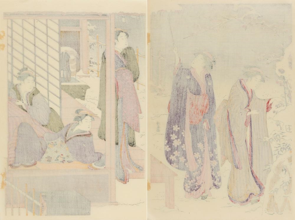 Artwork by Torii Kiyonaga, Morning Scene After Snow, Made of Woodblock Nishiki-E, Ukiyo-E Diptych On Paper