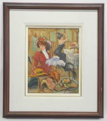 A framed watercolor painting of two women in a cozy, sunlit interior.