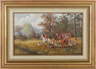 A framed oil painting depicting a group of riders in red coats leading a pack of dogs through an autumn forest.