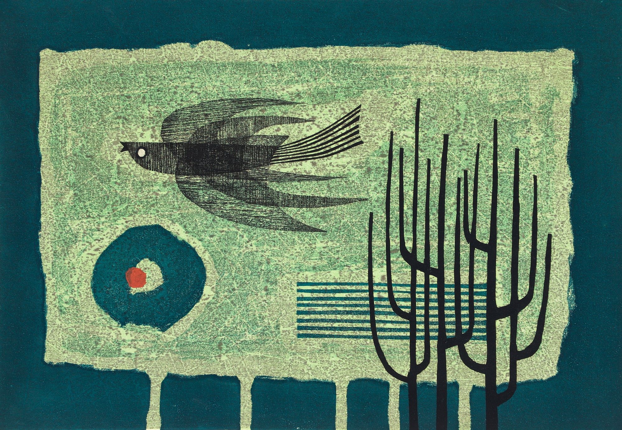 Artwork by Fumio Fujita, Abstract with Bird, Made of Color Woodblock On Fibrous Paper