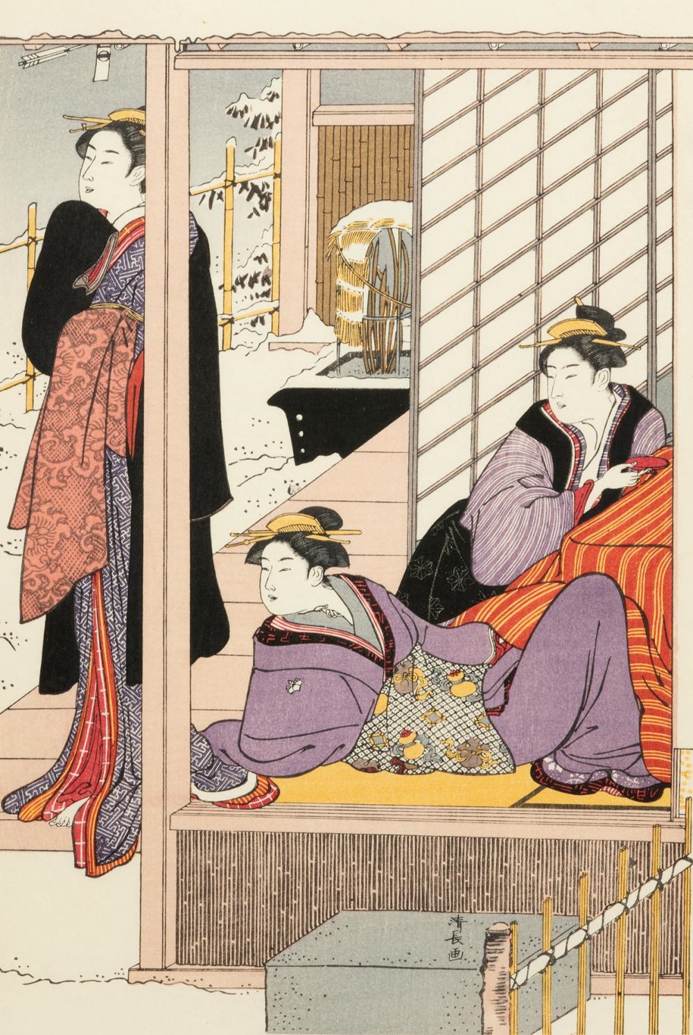 Artwork by Torii Kiyonaga, Morning Scene After Snow, Made of Woodblock Nishiki-E, Ukiyo-E Diptych On Paper