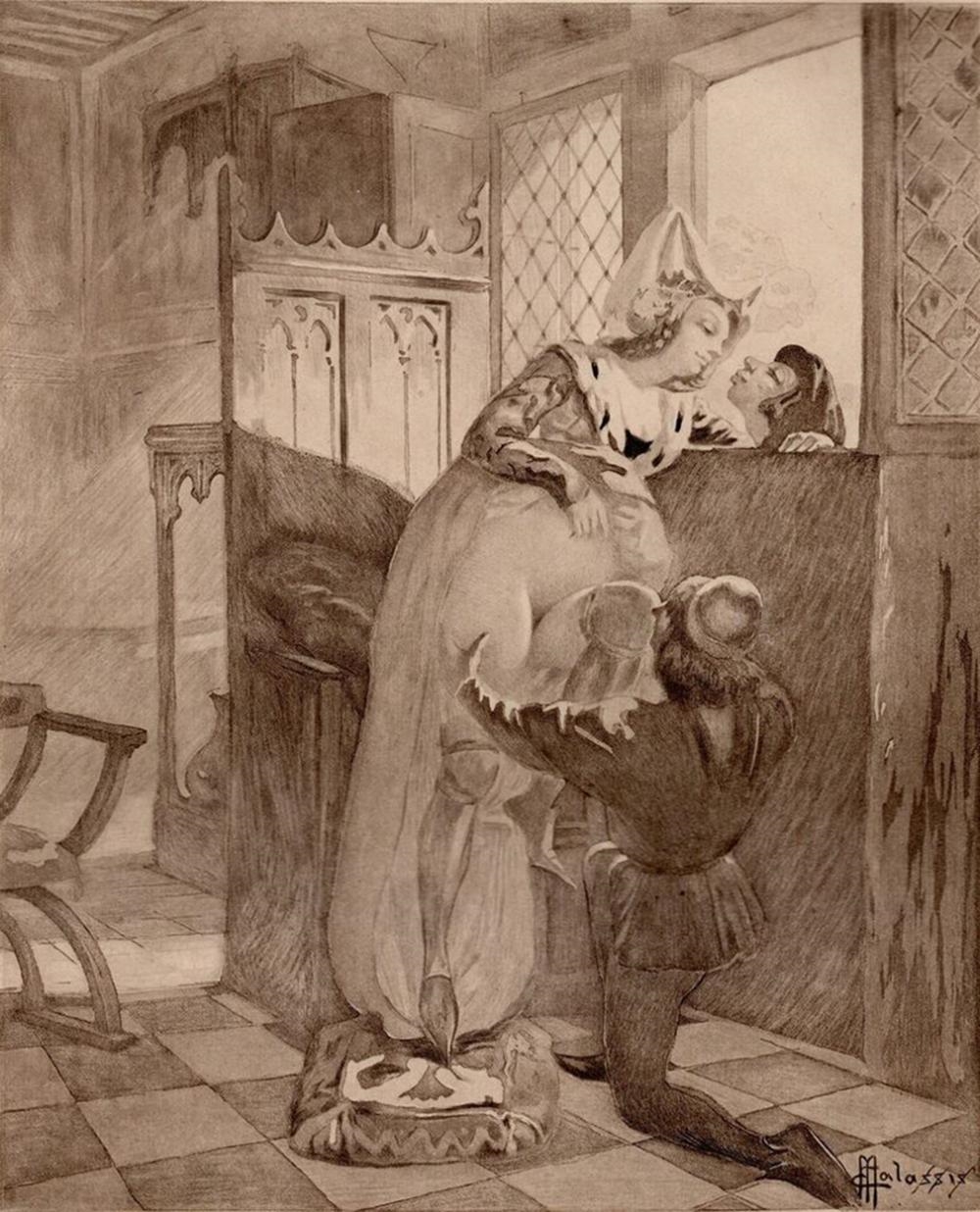 Artwork by Edmond Malassis, The Kiss of Deception, Made of Copper Plate Engraving In Black Ink On Velin Paper