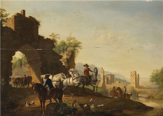 HORSE RIDERS BY THE RIVER IN FRONT OF RUINS - Johann Georg Pforr
