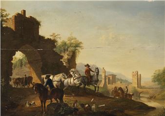 HORSE RIDERS BY THE RIVER IN FRONT OF RUINS - Johann Georg Pforr
