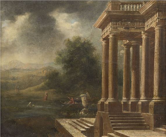 CAPRICCIO WITH TEMPLE RUINS IN FRONT OF RIVER LANDSCAPE WITH MYTHOLOGICAL FIGURES - Pierre Antoine Patel