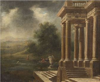 CAPRICCIO WITH TEMPLE RUINS IN FRONT OF RIVER LANDSCAPE WITH MYTHOLOGICAL FIGURES - Pierre Antoine Patel