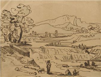 LANDSCAPE WITH WATERFALL AND PEOPLE ON THE RIVERBANK - Hendrik Goudt