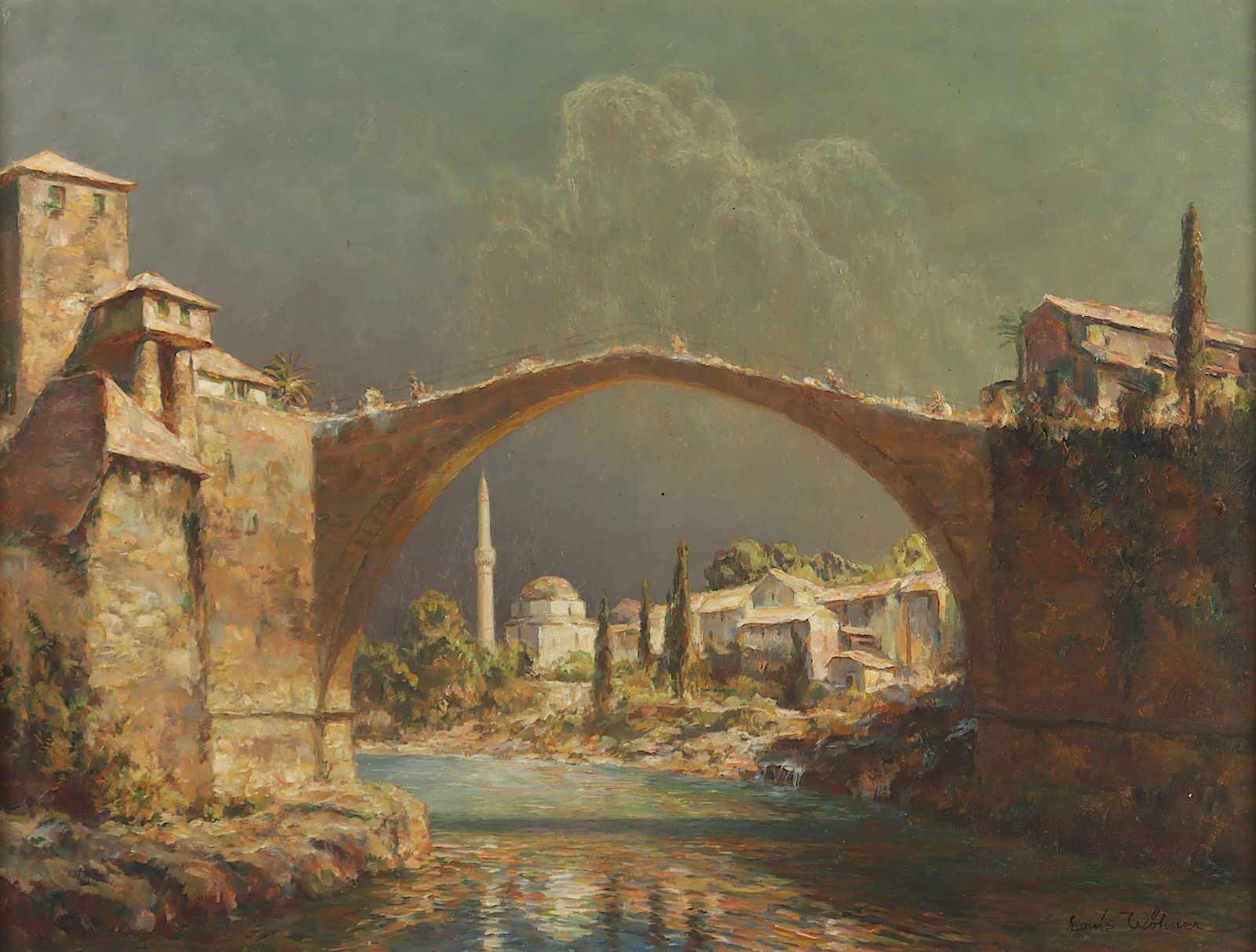 Artwork by Louis Wöhner, Blick auf die Alte Brücke in Mostar (Dalmatien, Made of oil on canvas