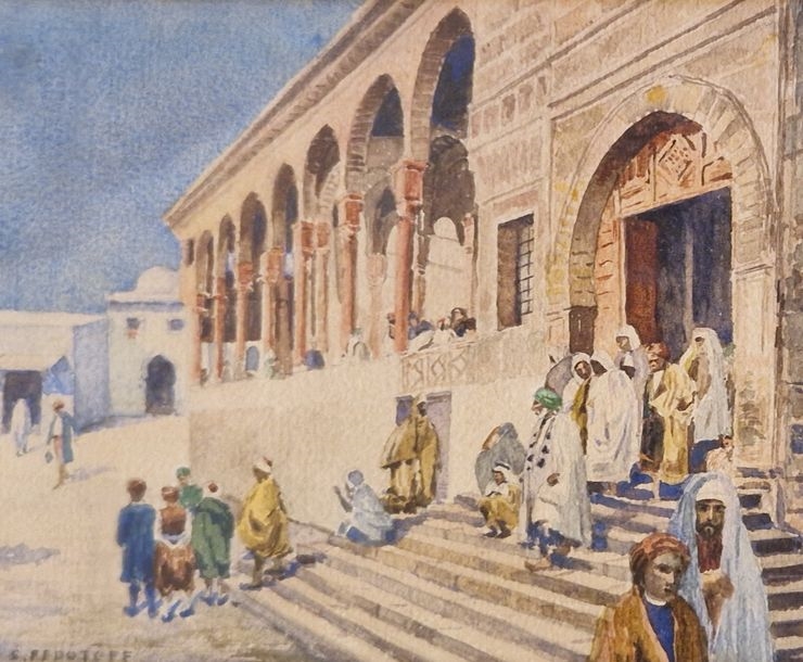 Artwork by S. Fedotoff, Exit from the mosque, Made of Watercolor