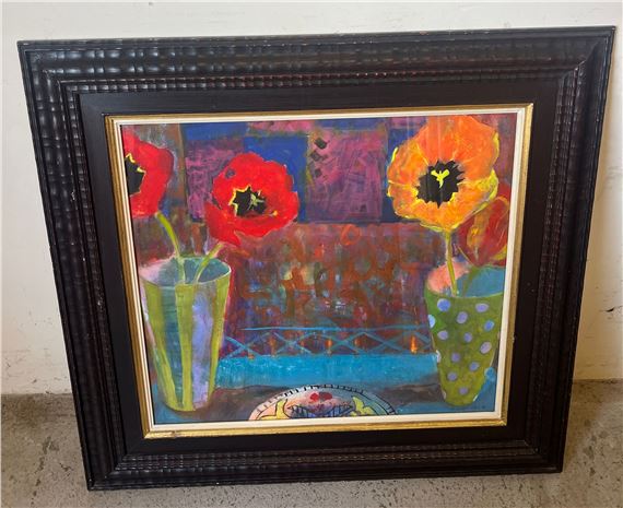 A colorful poppy still life with a textured, abstract background.