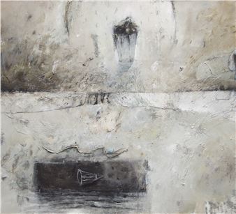 A textured abstract painting featuring a dark rectangular shape with a small white geometric form inside.
